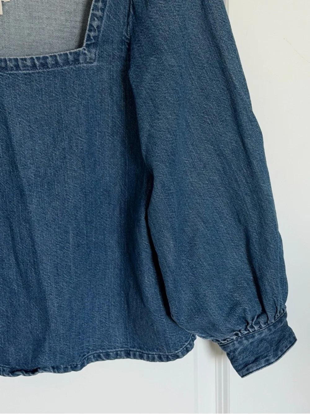 J. Crew Denim Square-Neck Puff Sleeve Blouse Blue linen cotton 54648